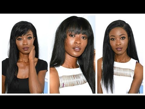 18inch natural color Brazilian virgin hair lace front wig with bang