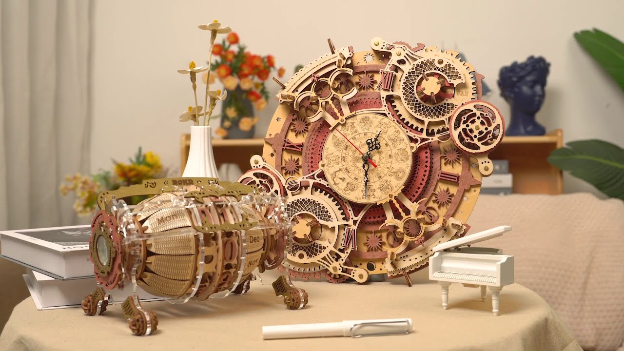 RoboTime 3D dřevěné mechanické puzzle Hodiny s kalendářem - poškozený obal