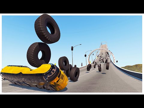 Bus vs Massive Tire Avalanche - Crazy Vehicle Stunts - BeamNG Drive