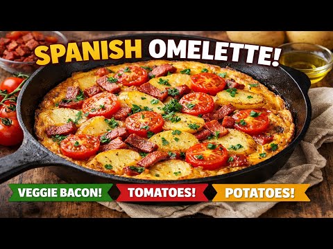 Spanish Omelette with Veggie Bacon & Fried Potatoes | Easy Tortilla Española Recipe
