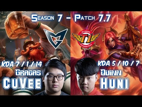 SSG CuVee GRAGAS vs SKT T1 Huni QUINN Top - Patch 7.7 KR Ranked