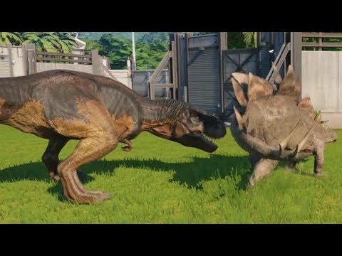Jurassic World Evolution - T-REX vs STEGOSAURUS (MAX ATTACK LEVEL) - Gameplay HD
