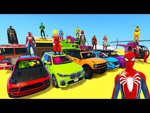 SUPERHERO Cars Challenge on TRIPLE END Ramp ! SPIDERMAN Fire Truck Porsche Race JEEP Bikes - GTA 5