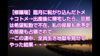 【修羅場】臨月に転がり込んだトメ＋コトメ→出産後に帰宅したら、旦那は希望転勤で不在、私の部屋も赤予定の部屋も占領されて…→この連中、全員生き地獄を見せてやった結果・・・