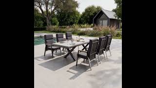 OUTFLEXX Serro Garten-Essgruppe, schwarz/anthrazit, Alu/Steinimitat/Teak, Tisch 200/260 x 100 cm, ausziehbar, 6 Stapelsessel