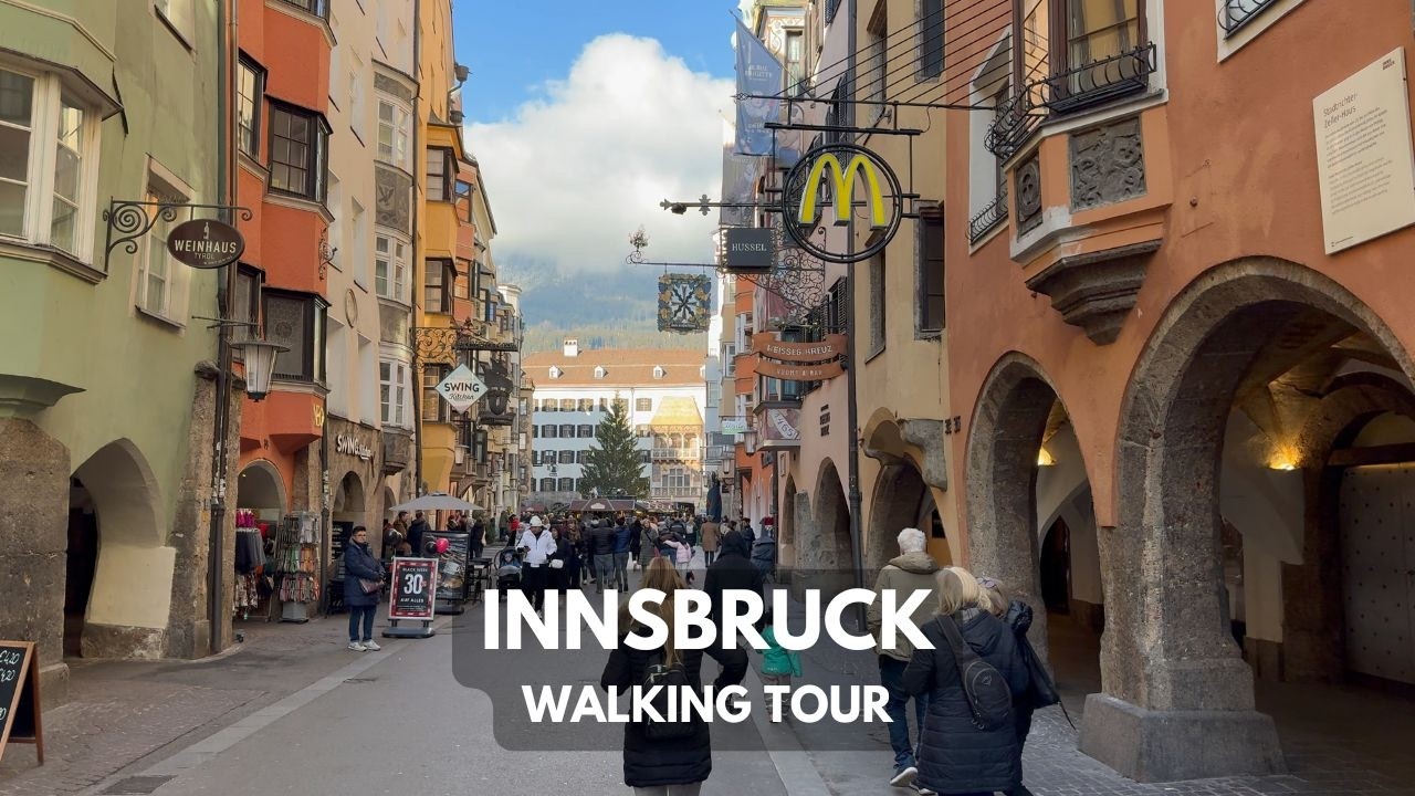 Immersive street-level walking tour through Innsbruck Maria Theresien, Austria, showcasing authentic urban landscapes, local architecture, and the vibrant atmosphere of the city's neighborhoods