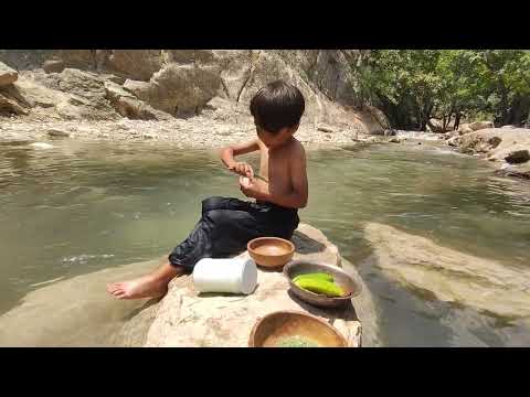 7-Year-Old Kian Makes and Drinks Refreshing Cucumber Yogurt Drink on a Summer Stream،korosh