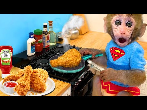 Bebé Mono BonBon come pollo frito delicioso y va al gimnasio con amigos - MONO BONBON ESP