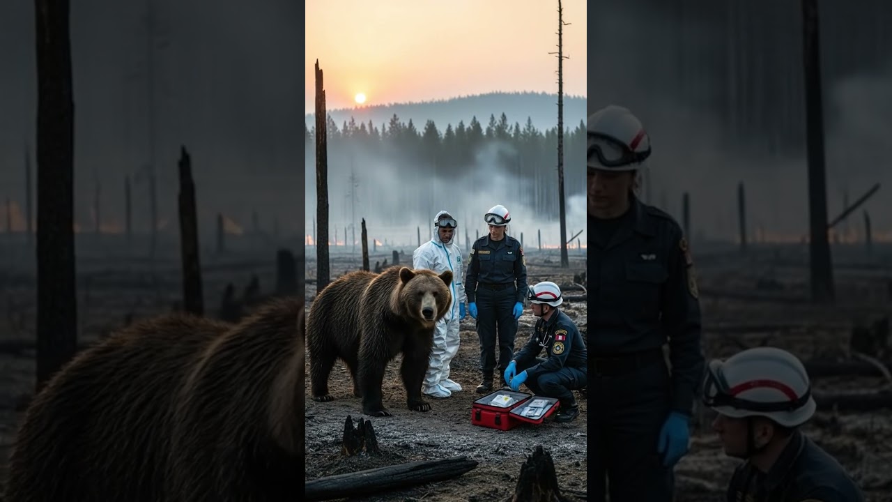 giant bear covered in wildfire