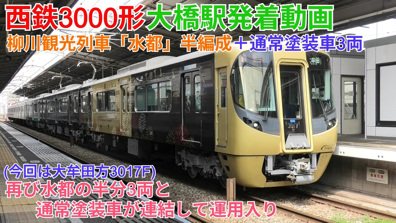 【半水都再び】西鉄3000形大橋駅発着動画 水都半編成3両+通常塗装車3両連結