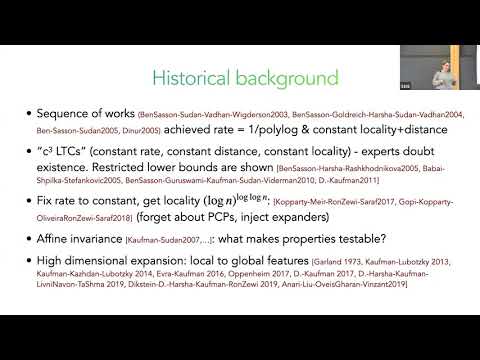 Locally testable codes with constant rate, distance, and locality, Part I - Irit Dinur