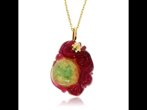 Pandantiv cu lantisor Aur Galben 14k Turmalina Watermelon Pepene Verde Naturala - Eleganta si Culoare
