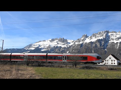 4K (CH) SBB CFF FFS Bahnverkehr bei Salez Sennwald  im Rheintal, Störche als Bonus