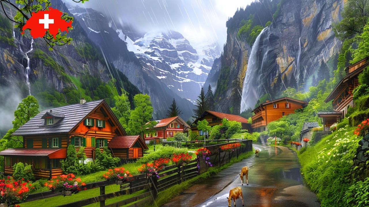 Walking in the Rain in Switzerland's Most Beautiful Villages 4K 🇨🇭 🌧️ Walking tour in Rainy day