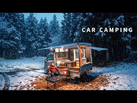 [Heavy Rain] -3°C Snowy Mountains. Freezing Car Camping in a Holo Tent [Rakuhoro Camp]