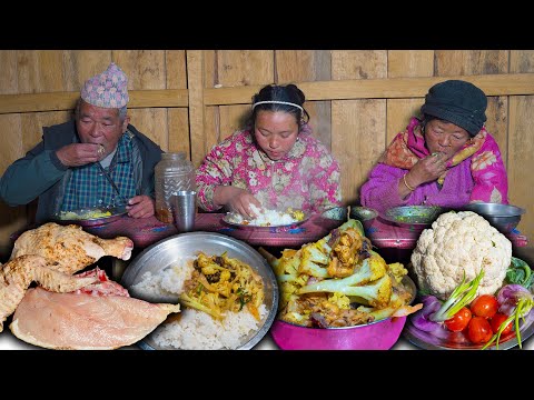 Chicken & Cauliflower mix fry recipe || village style Cookig & eating | New Nepali Village Food vlog