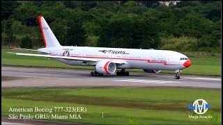 FINAL DE TARDE ESPETACULAR  AVIÃO AMERICAN B777 COM NARIZ VERMELHO DECOLA DO AEROPORTO DE GUARULHOS!