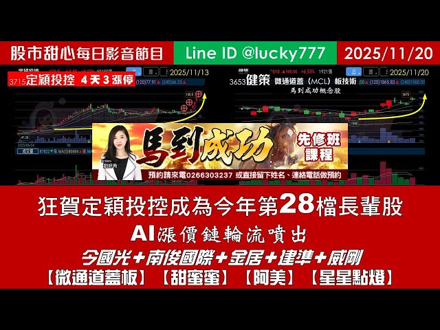 1120【甜心盤後影音】狂賀定穎投控榮登今年第28檔長輩股，AI漲價鏈輪流噴出！今國光．南俊國際．金居．建準．威剛．「微通道蓋板．甜蜜蜜．阿美．星星點燈」