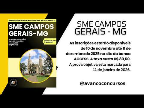 Apostila SME CAMPOS GERAIS MG 2025 Professor de Educação Básica – Regente de Aulas/Matemática