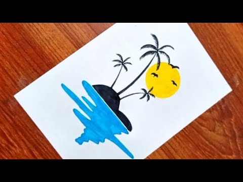 Easy Sunset Island Drawing | Palm Tree Art for Beginners"
