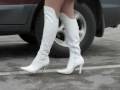 Walking With White Knee High Boots