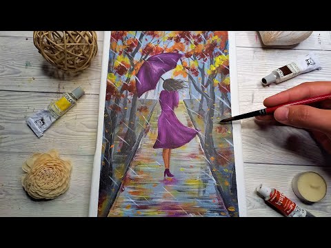 PEISAJ de TOAMNA 🍂 Cum Pictez COPACI de Toamna si FEMEIE cu Umbrela in Ploaie 🍂 Pictura Acrilica