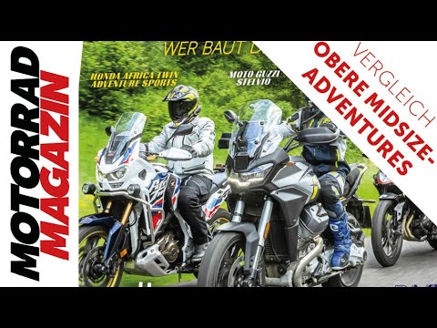 Comparison of midsize adventure bikes: Africa Twin, Moto Guzzi Stelvio, Suzuki V-Strom, Triumph T...