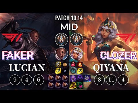 T1 Faker Lucian vs T1 Clozer Qiyana Mid - KR Patch 10.14