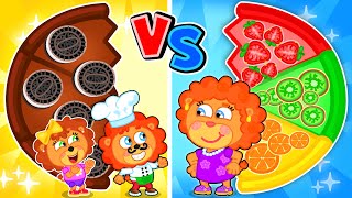 Black Chocolate Pizza vs Pink Fruit Pizza to Lion Family - Pizza Mania | Cartoon for Kids