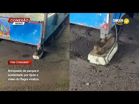Vídeo: Brinquedo de parque é sustentado por tijolo e vídeo do flagra viraliza.