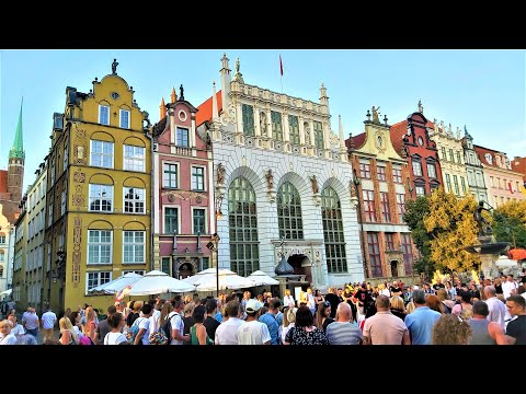 Walk in the Old Town of Gdansk, Poland. Dluga Street, Golden Gate, Neptune Fountain, Green Gate