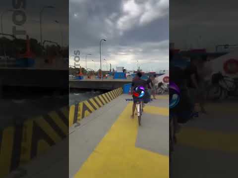 Barca da travessia de balsa para ciclistas bate e encalha no sentido Guarujá/Santos.