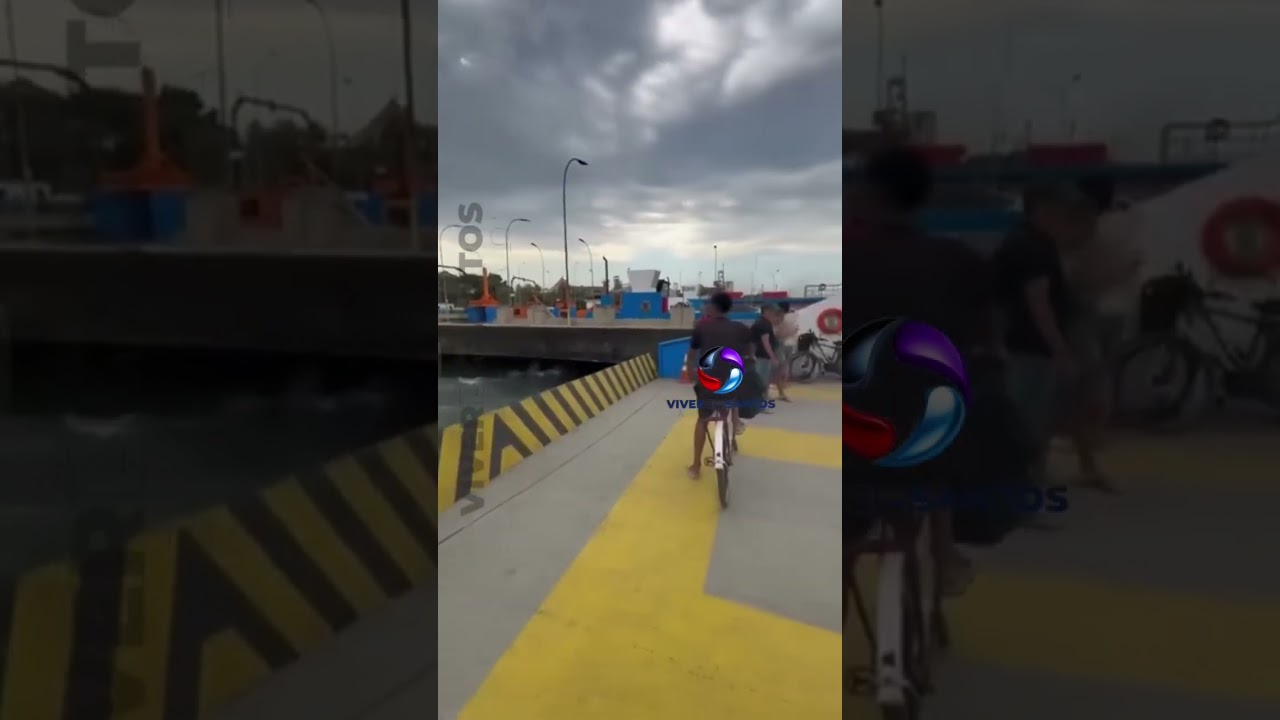 Barca da travessia de balsa para ciclistas bate e encalha no sentido Guarujá/Santos.