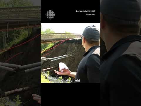 Watch as northwest Edmonton road partially collapses mid-interview