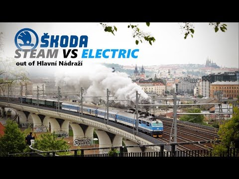 Skoda 556.0 steam locomotive "Stokr" racing an electric train out of Hlavni Nadrazi