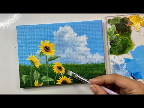 Sunflower painting/studio Ghibli scene/cloud painting technique/acrylic painting tutorial