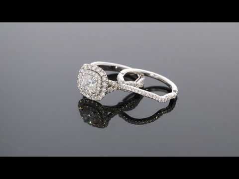 Curved Diamond Wedding Band with Double Halo Engagement Ring