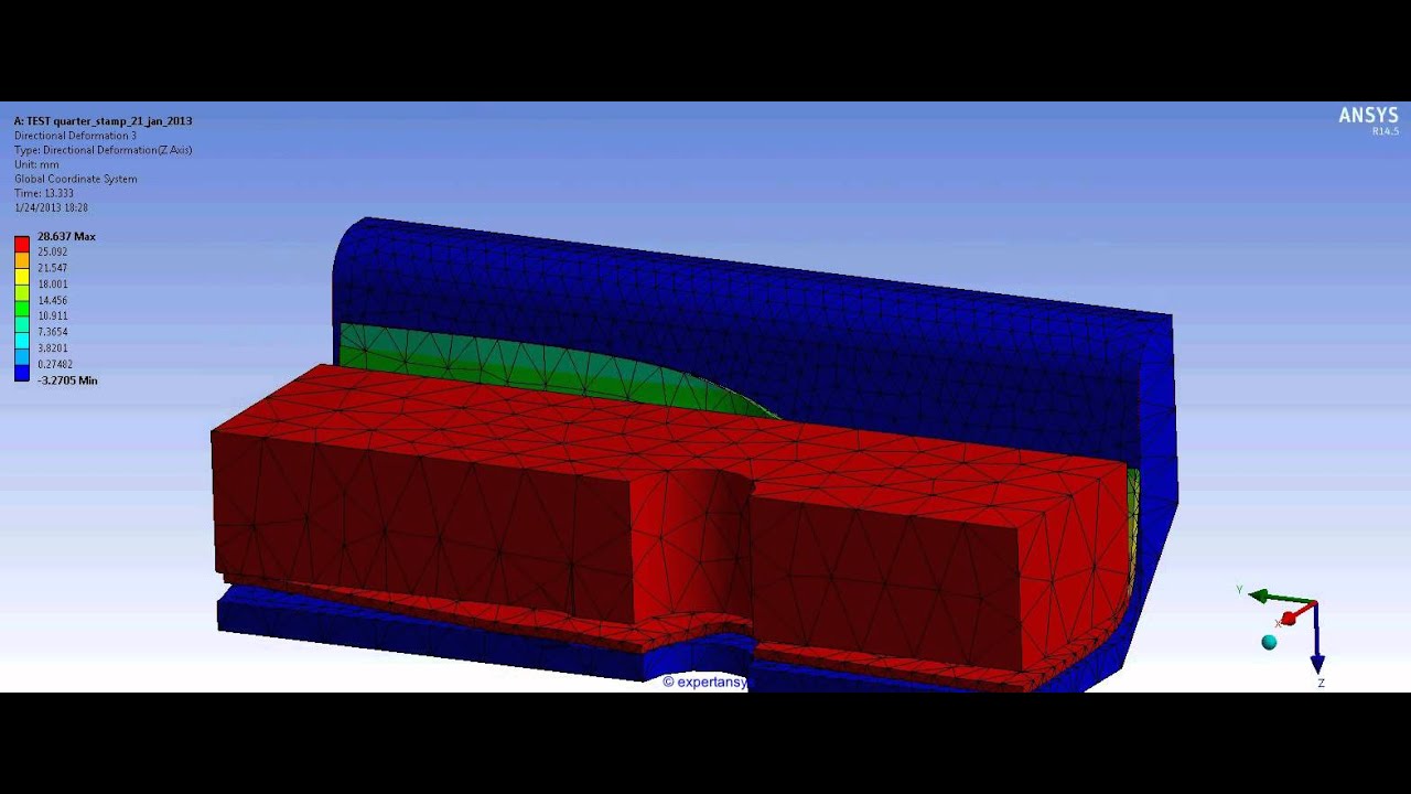 ANSYS TUTORIAL 5: FINITE ELEMENT ANALYSIS of the Stamping of a copper sheet (quarter symmetry)