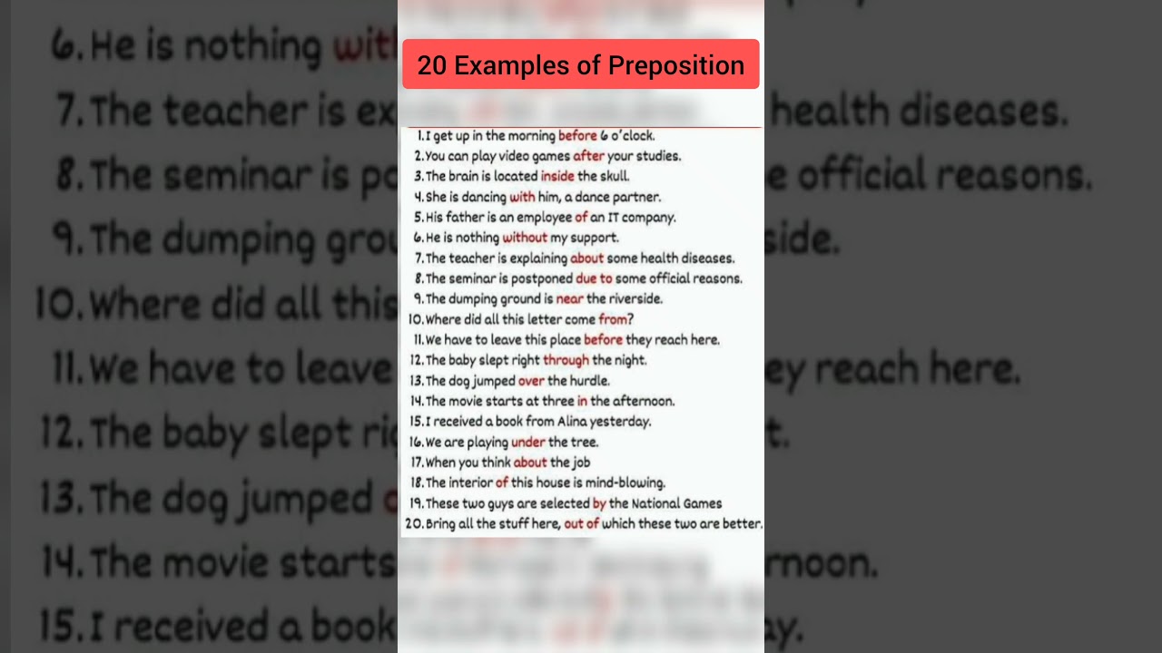 Prepositions in English Grammar | 20 Examples of Preposition | Sentence with Preparation #grammar