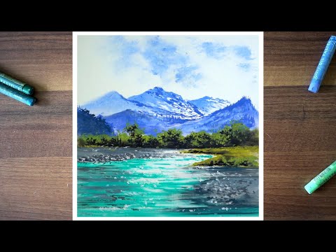 Draw a peaceful mountain landscape - oil pastel drawing tutorial