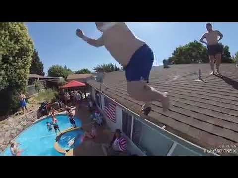 Guy Trying to Jump off Roof into Pool Slips and Falls to Ground - 1055385