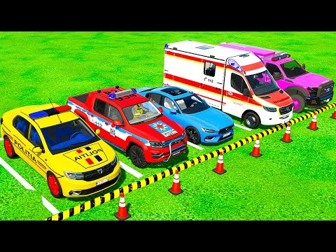 CARS OF POLICE! TRANSPORTING DACIA, VOLKSWAGEN, VOLVO POLICE CAR & MERCEDES, FORD AMBULANCE ! FS22