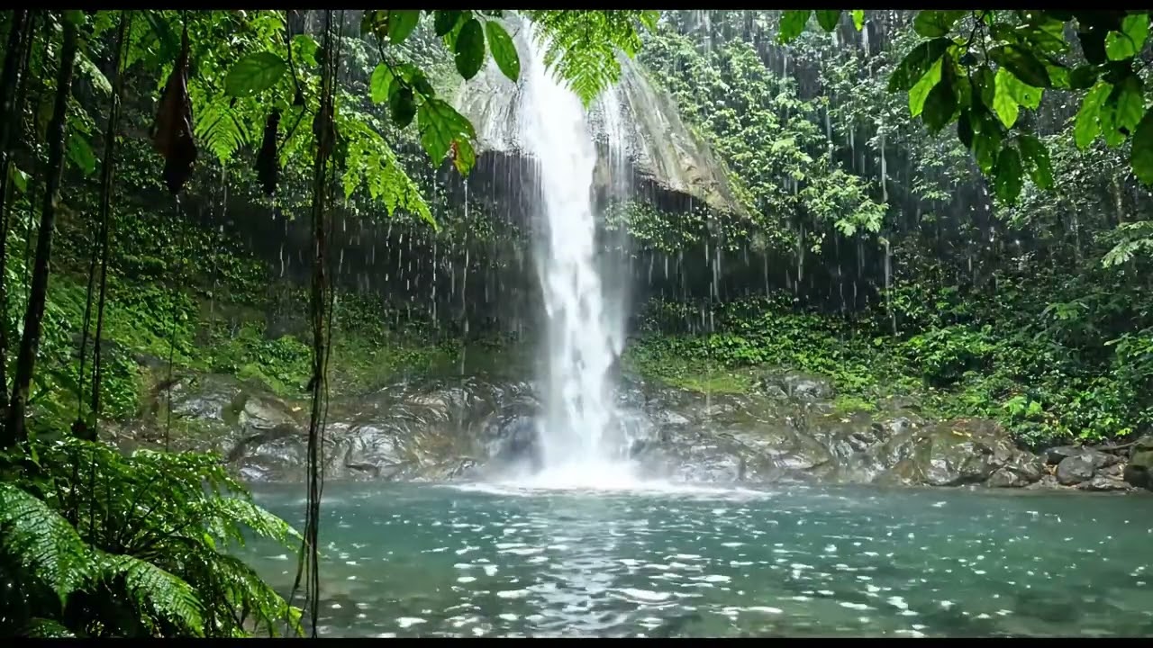 Tropical Rainforest Waterfall with Crystal Clear Pool