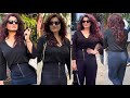 Uff HOt Se Raveena Tandon Stunning Look In Black Top With Blue Casual Pants At Salon In Mumbai