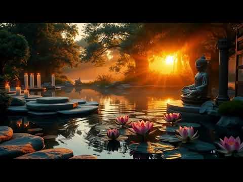 "Sunset Zen Garden Pond in 8K | Buddha Statue, Lotus Flowers & Peaceful Meditation Ambience"