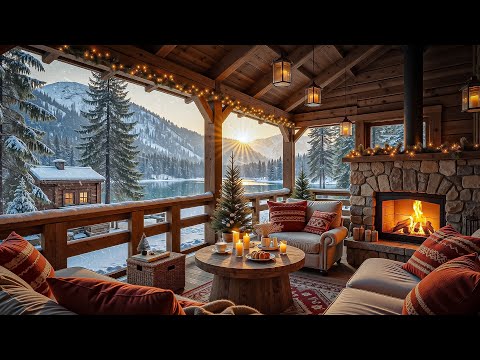Peaceful Winter Sunset at Cozy Lakeside Porch 🎄 Soothing Jazz Music, Fireplace Sound for Relaxation