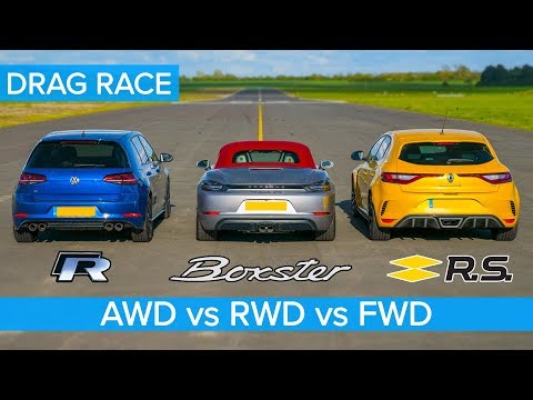 AWD v RWD v FWD DRAG RACE: Golf R v Boxster vs Megane Trophy.