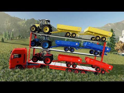 TRANSPORTATION OF COLORED TRACTORS | THREE-DECK TRANSPORT | LOADING POTATOES - Farming Simulator 22