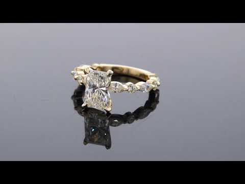 Radiant Cut Diamond Engagement Ring with Dot Marquise Scalloped Shank in Yellow Gold - F4011