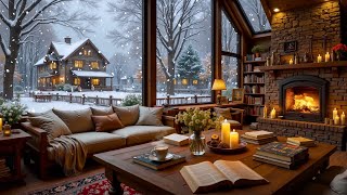 Calm Snowy Winter Café ❄️ Soft Jazz Music with Fireplace Sounds for Study & Work